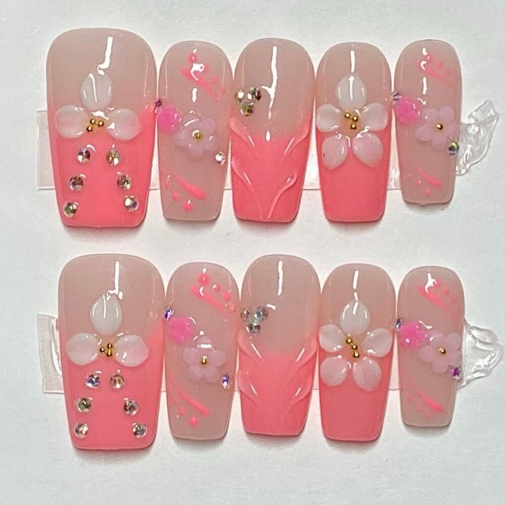 3D Flowers Coral Pink French Tips Handmade Square Press-On Nails Large
